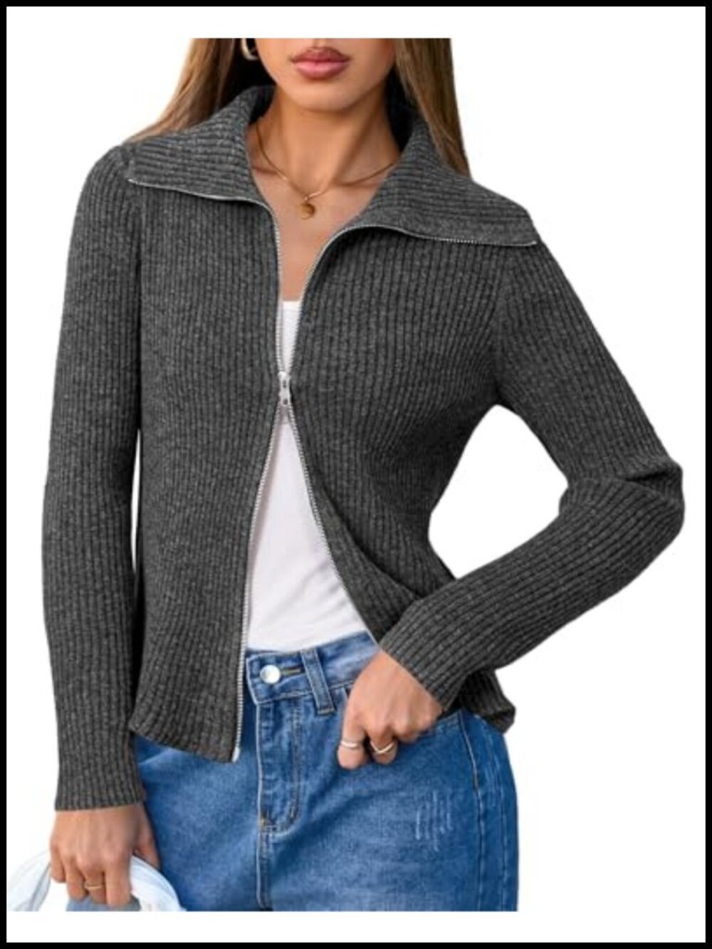 Wool Blend Zip Up Cardigan Sweater Long Sleeve Ribbed Knit